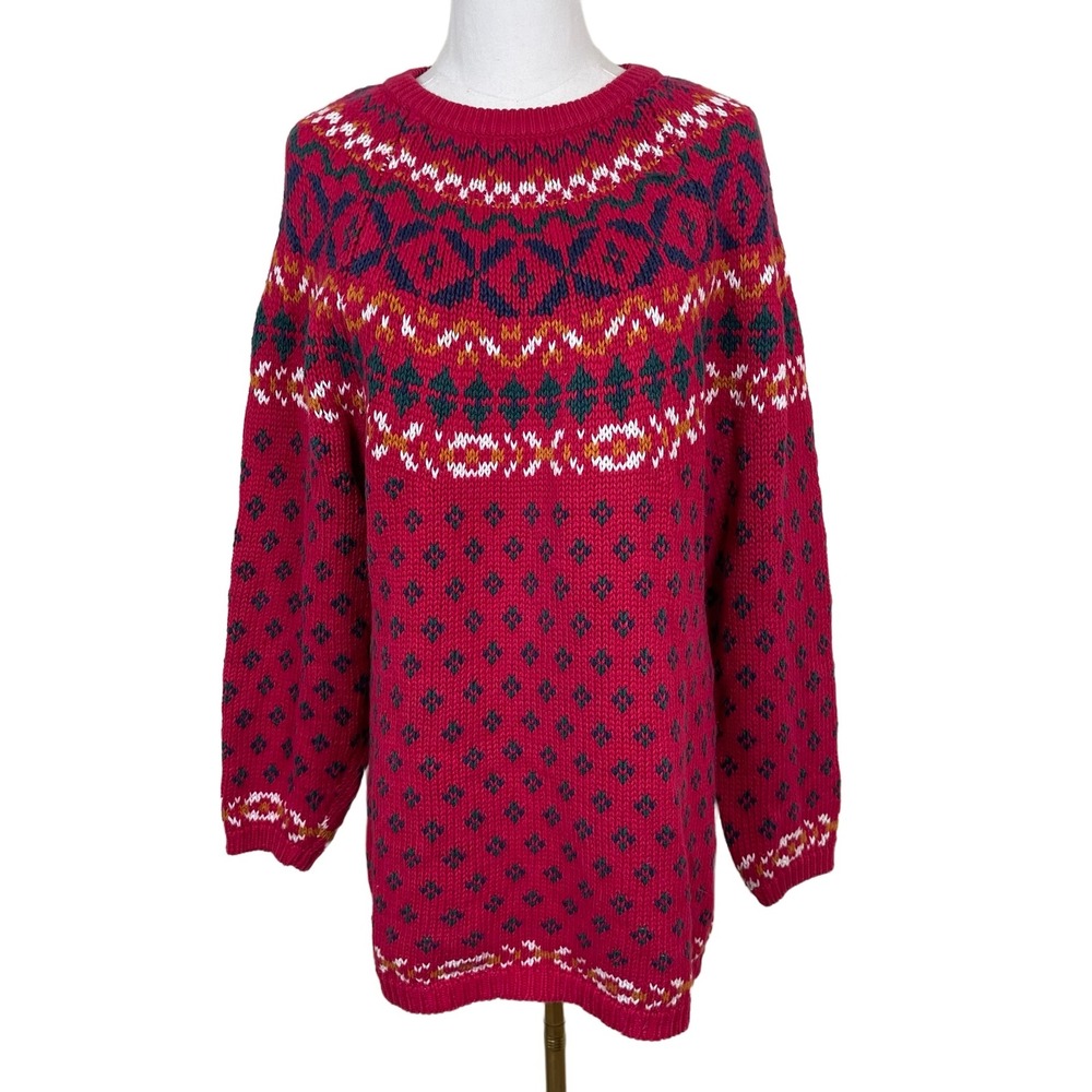 Vintage Ashley Fair Isle Sweater Women L Red Nordic Geometric Knit Ramie Cotton